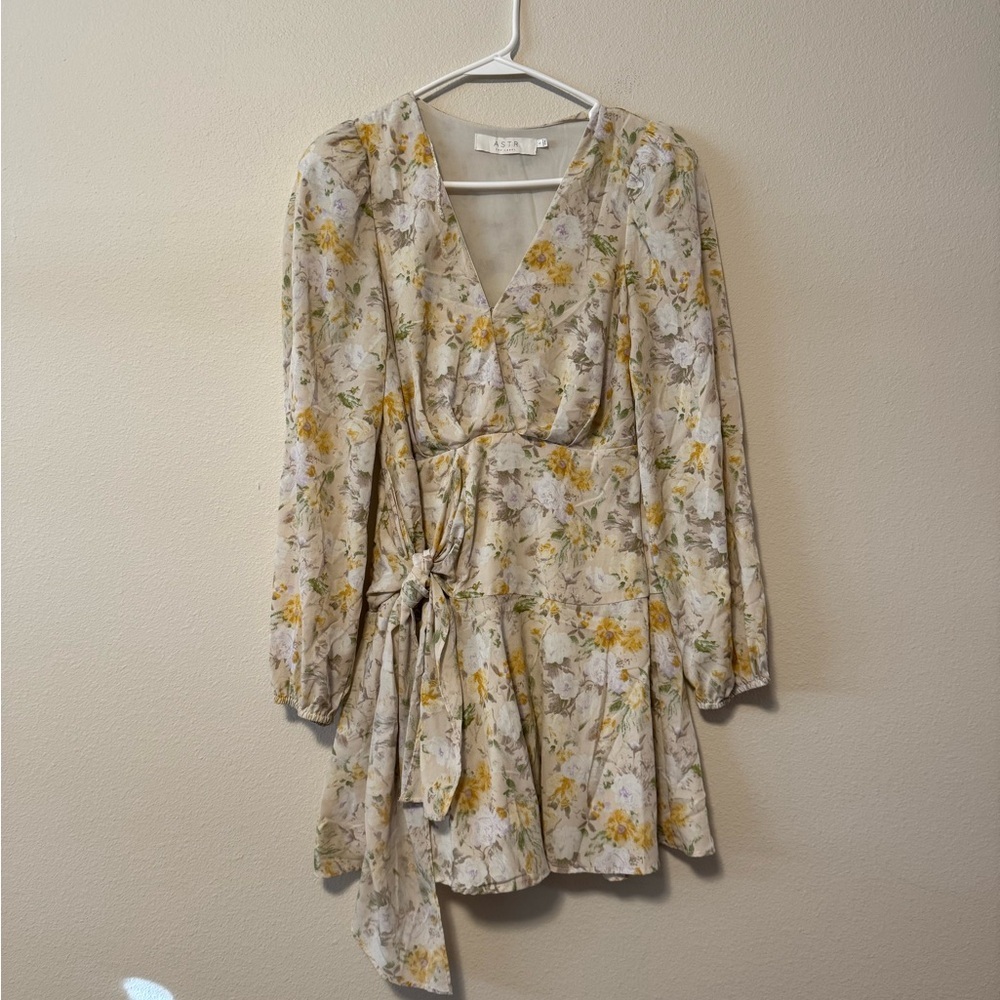 Astr Floral Long Sleeve Cream and Yellow Wrap Dress